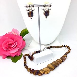 Cat's Eye 2 Piece Semi Precious Stone Beaded Necklace & Silver Tone Earring Set
